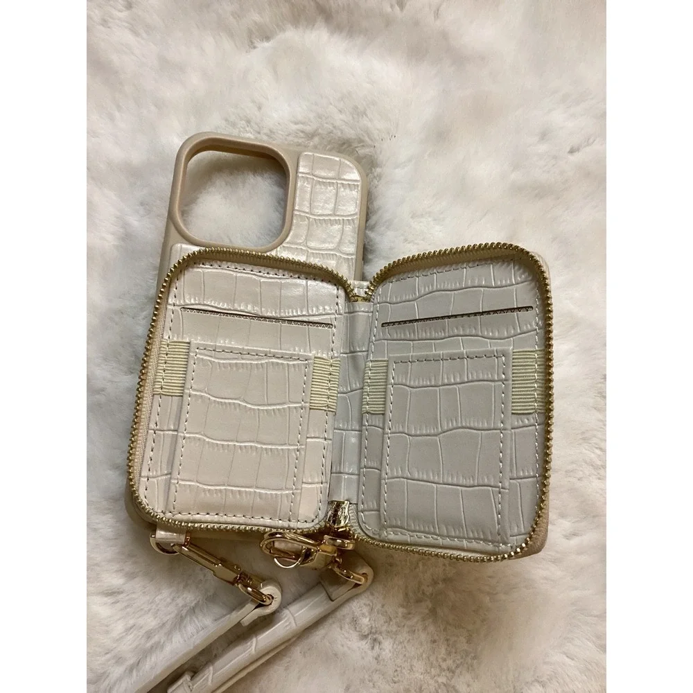 GUESS Croc Embossed Phone Case Wallet Crossbody Strap Gold Logo‎ Ivory